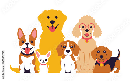Cartoon Group of Dogs Golden Retriever, Poodle with Glasses, and Other Cute Breeds