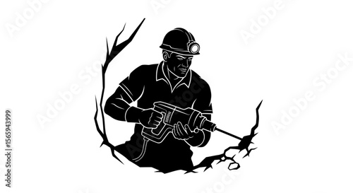 Silhouette of a miner operating a jackhammer in a subterranean environment.