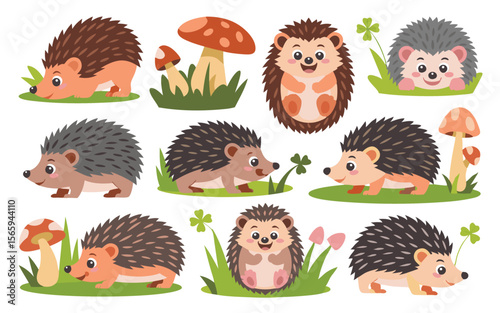Cartoon Hedgehog Set Cute Spiny Animals, Mushrooms, Clover Leaves, Nature Illustration Elements