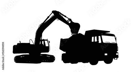 Silhouette of an excavator loading a dump truck, illustrating construction work.