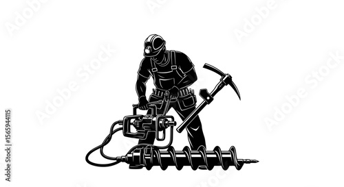 A silhouetted worker operates a powerful auger drill, a pickaxe resting nearby.
