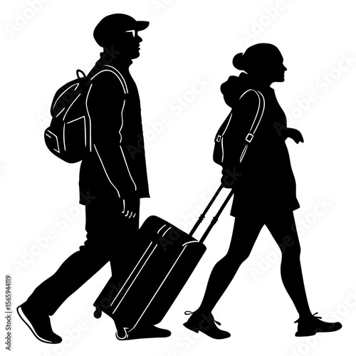 Couple Walking with Luggage Backpacks Silhouette suitcase
