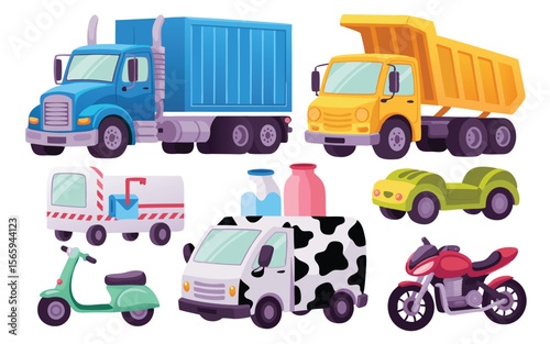 Cartoon Illustration Blue SemiTruck, Yellow Dump Truck, Motorcycle and Other Transportation Vehicles Set