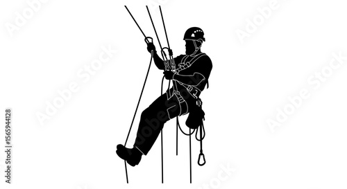 Silhouette of a worker rappelling or ascending a rope structure, wearing safety gear.