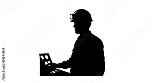 Silhouette of a construction worker wearing a hard hat and operating machinery or a control panel.