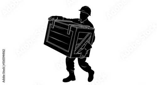 Silhouette of a soldier carrying a large crate, conveying a sense of effort and military logistics.