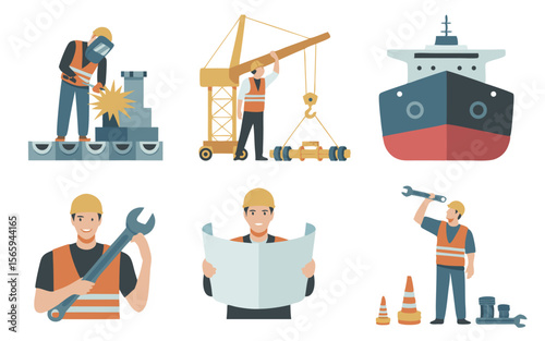 Cartoon Illustration of Construction Workers Welder, Crane Operator, Ship, Blueprint Reader, and Wrench User