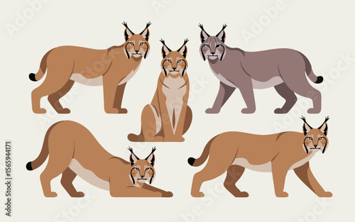 Cartoon Illustration of Five Lynx in Various Poses and Colors on Light Background