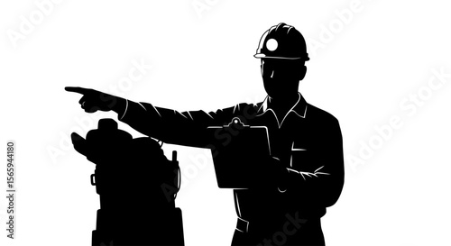 Silhouette of a worker pointing, holding clipboard near machinery.