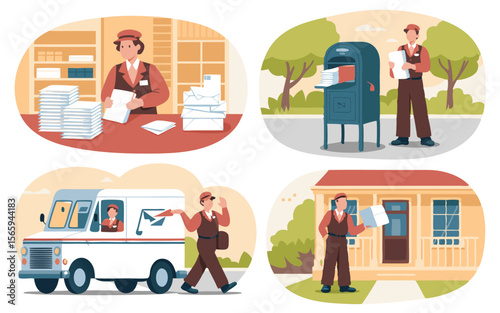 Cartoon Illustration Showing the Stages of Mail Delivery, from Office to Postbox and Final Delivery