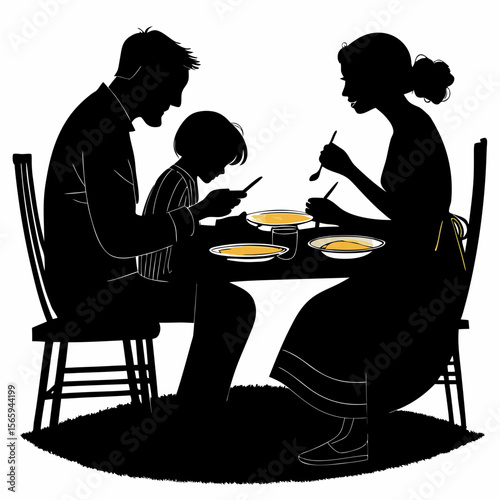 Family Dinner Silhouette Child Using Smartphone vector