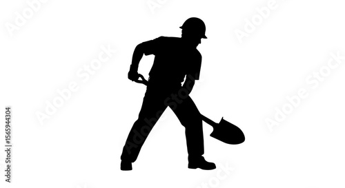 Silhouette of a construction worker digging with a shovel, isolated on white.