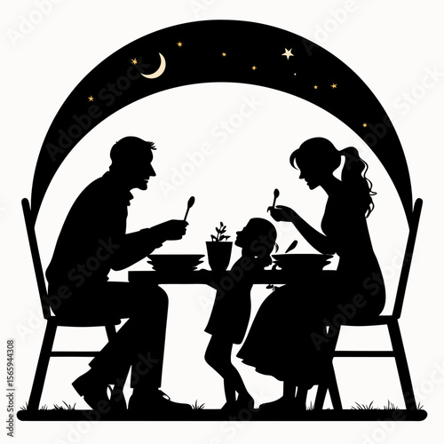 Family Silhouette Dinner Night Sky Starry Moon vector