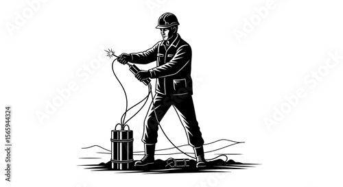 A man in a helmet connects wires to a cylindrical device, standing on the ground.