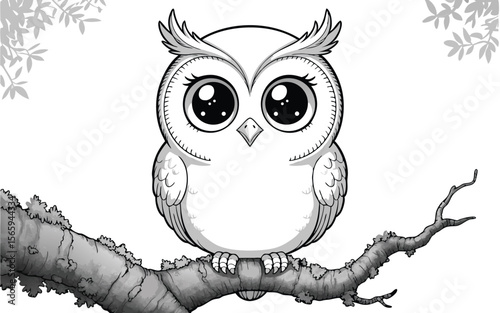 Cartoon Owl Perched on Branch, Black and White Illustration with Big Eyes