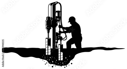 Silhouette of a worker operating a large drilling machine, inserting support posts into the ground.