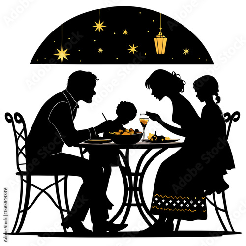 Family Silhouette Dinner Night Stars Lantern Table