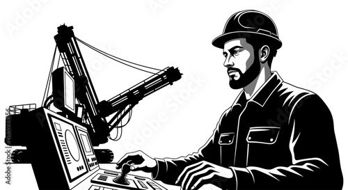 A construction worker operating machinery with a control panel, focused.