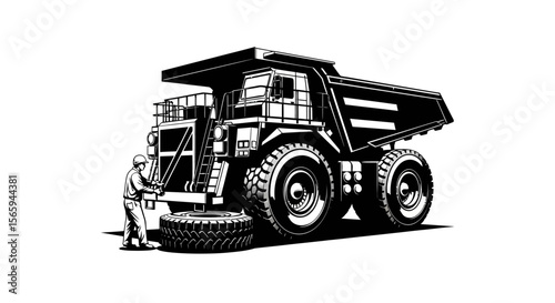 A black and white illustration of a large mining truck with a mechanic working on a tire.