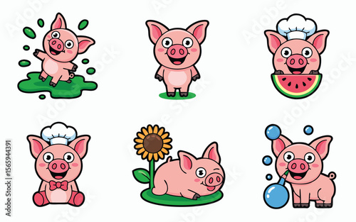 Cartoon Pig Character Set Playful Illustrations with Watermelon, Bubbles, Sunflower, and Cooking Theme