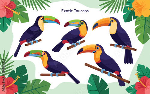 Cartoon Toucans on Branches Surrounded by Tropical Flowers and Green Leaves Illustration on White Background
