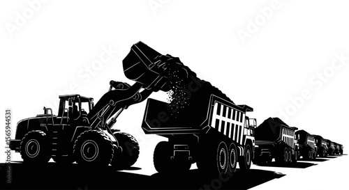 A front-end loader transfers material into a line of large dump trucks.