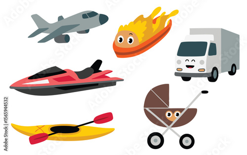 Cartoon Transportation Collection Airplane, Jet Ski, Delivery Truck, Kayak, Burning Ship, and Baby Carriage