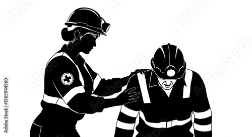 Paramedic comforting an injured miner, providing support and care after an accident.