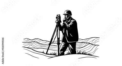 An engineer in a hard hat using surveying equipment on a landscape.