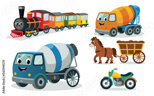 Cartoon Transportation Illustration Featuring Train, Cement Trucks, Horse Carriage, and Motorcycle on White Background