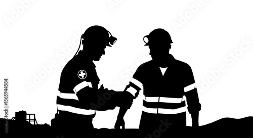 Silhouette of two rescue workers providing aid in a dark environment.