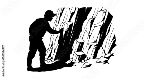 Silhouette of a miner with a helmet light examining rocks in a mine or cave setting.
