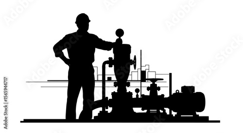 Silhouette of a worker inspecting industrial machinery, possibly a pump.