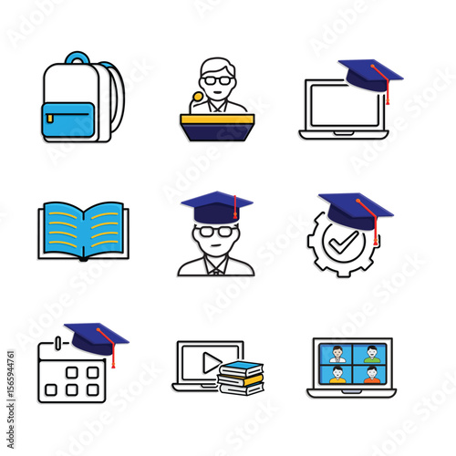education icon set. online learning, graduation, book, public speaking, etc. smart, student, studying. Mixed design style