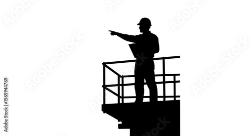 Silhouette of a construction worker overseeing a project, pointing, holding a clipboard.