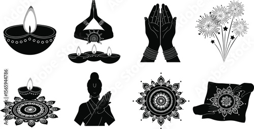Festive Diwali celebration elements showcases traditional diya lamps, fireworks, rangoli, and woman in prayer, bringing cultural richness