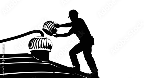 Worker installing rooftop ventilation equipment.