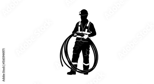 Silhouette of a construction worker carrying a coil of cables, wearing a hard hat and safety vest.