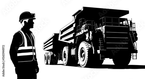 Silhouette of a worker observing a massive mining truck, ready to work.