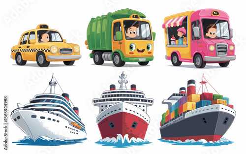 Cartoon Vehicles Yellow Taxi, Garbage Truck, Pink Ice Cream Truck, and Three Cruise Ships