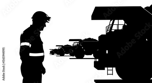 Silhouette of a miner observing large mining trucks.