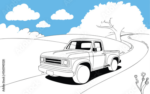 Classic Pickup Truck on a Winding Road with Flowers, Tree, and Cloudy Blue Sky