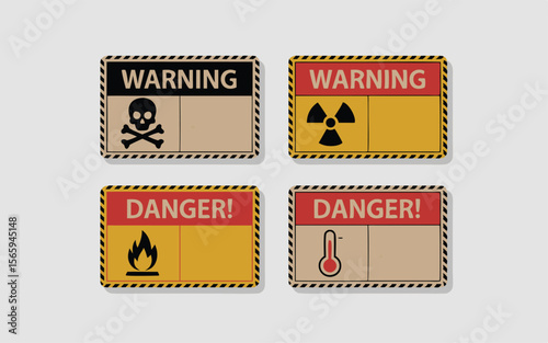 Collection of Warning and Danger Signs with Skull, Radiation, Fire, and Thermometer Icons
