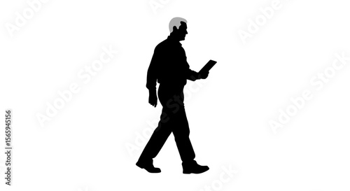 Silhouette of a man walking while holding a document.