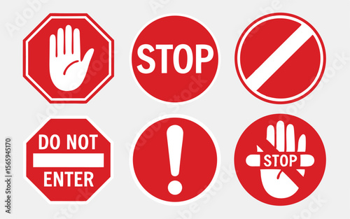 Collection of Red and White Warning Signs Stop, Do Not Enter, Attention, and Restrictions