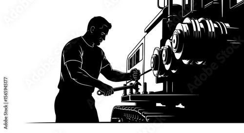 A man in silhouette works on machinery, using a wrench to tighten or loosen a bolt on the side of the equipment.
