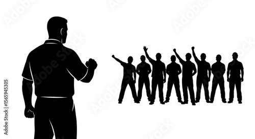 Silhouette of a leader addressing a group with raised arms, protest.