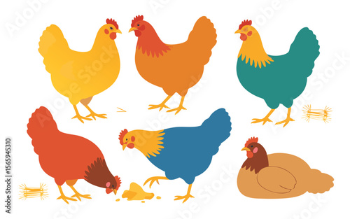 Colorful Chicken Illustration Featuring Yellow, Orange, Blue, Brown, and Teal Hens on White Background