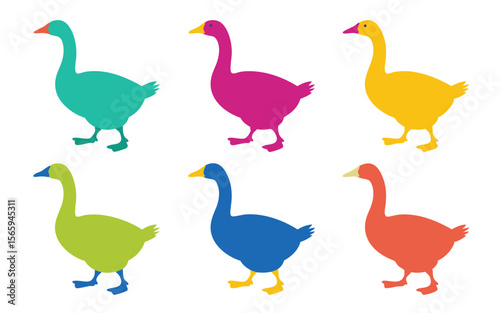 Colorful Goose Silhouettes Illustration Teal, Magenta, Yellow, Green, Blue, and Orange Isolated on White