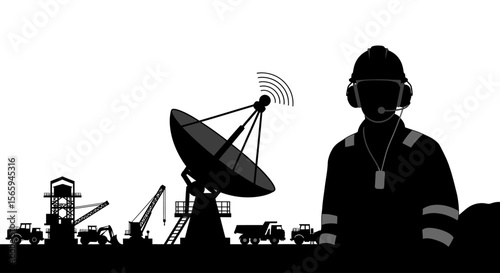 Silhouette of a construction worker with a headset, overseeing a construction site with various vehicles and a large satellite dish.